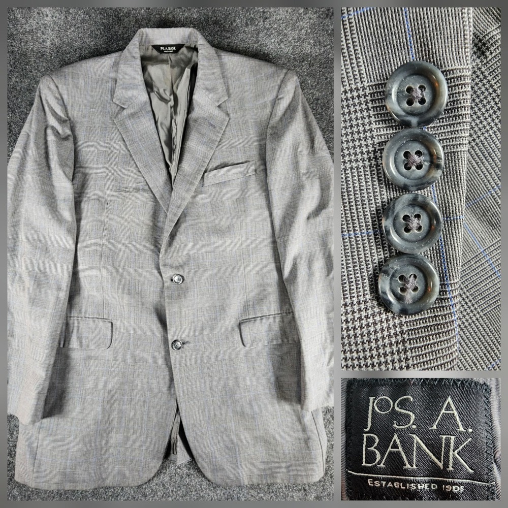 Jos A Bank Blazer Men's 44L Gray Glen Plaid Wool‎ Sport Coat Suit Jacket Formal